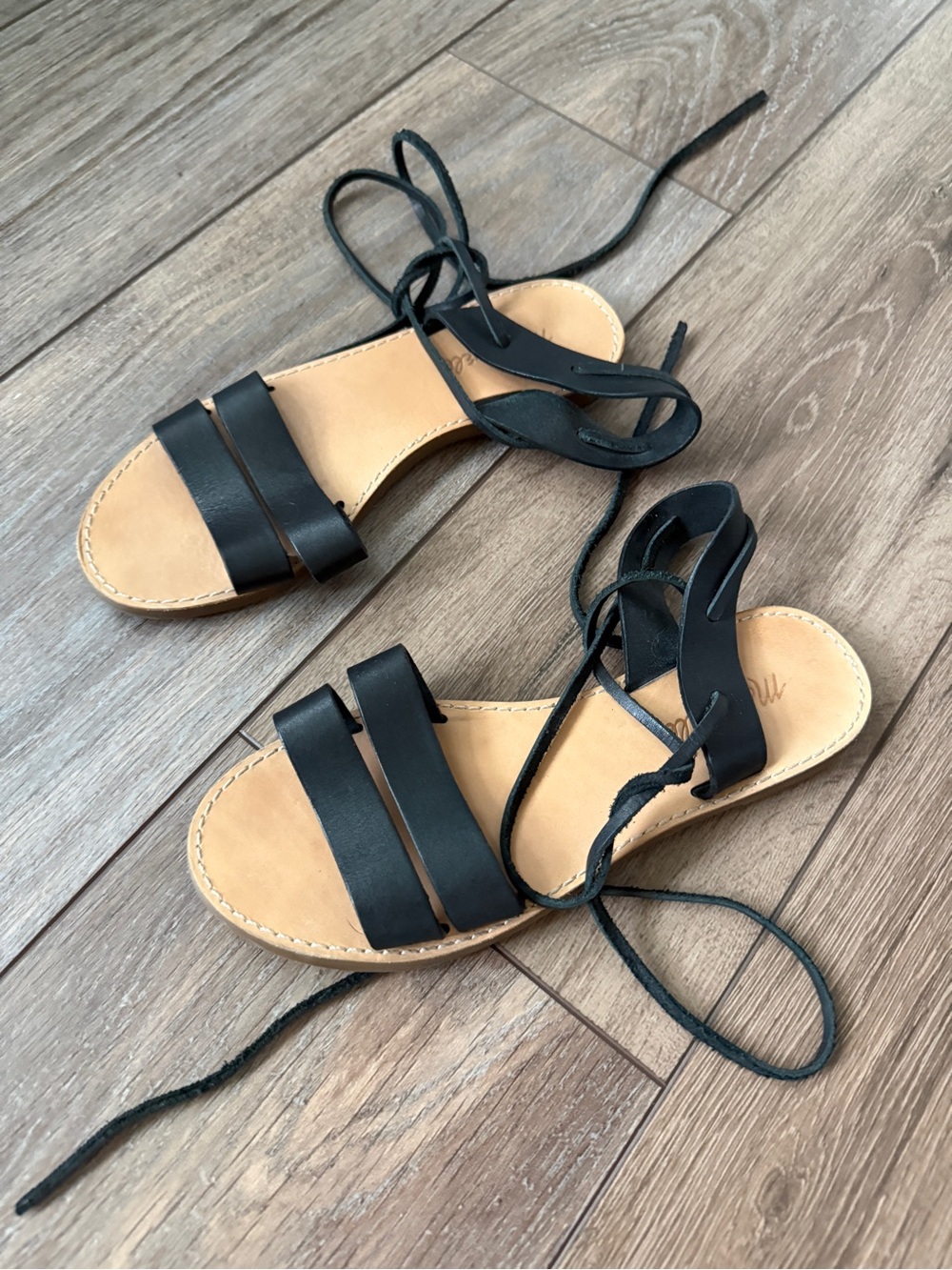 Madewell Black Lace-Up Flat Sandals - Women's Strappy Summer Shoes